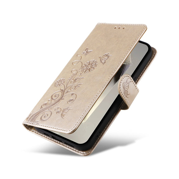 For Samsung Galaxy S25 Ultra 5G Embossed Butterfly Flowers Leather Phone Case(Gold)