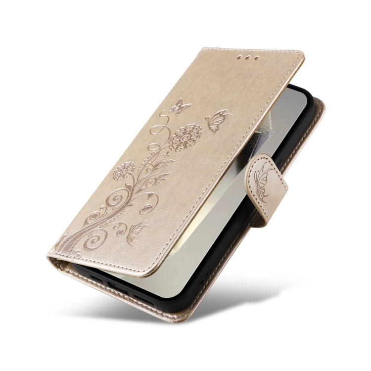 For Samsung Galaxy S25 Ultra 5G Embossed Butterfly Flowers Leather Phone Case(Gold)