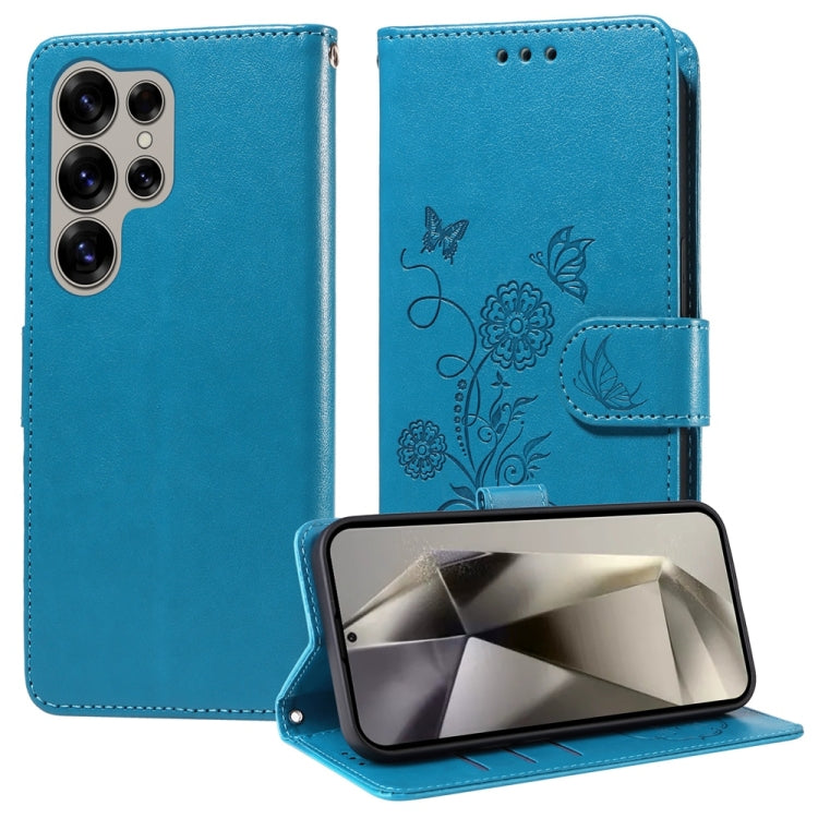 For Samsung Galaxy S25 Ultra 5G Embossed Butterfly Flowers Leather Phone Case(Blue)
