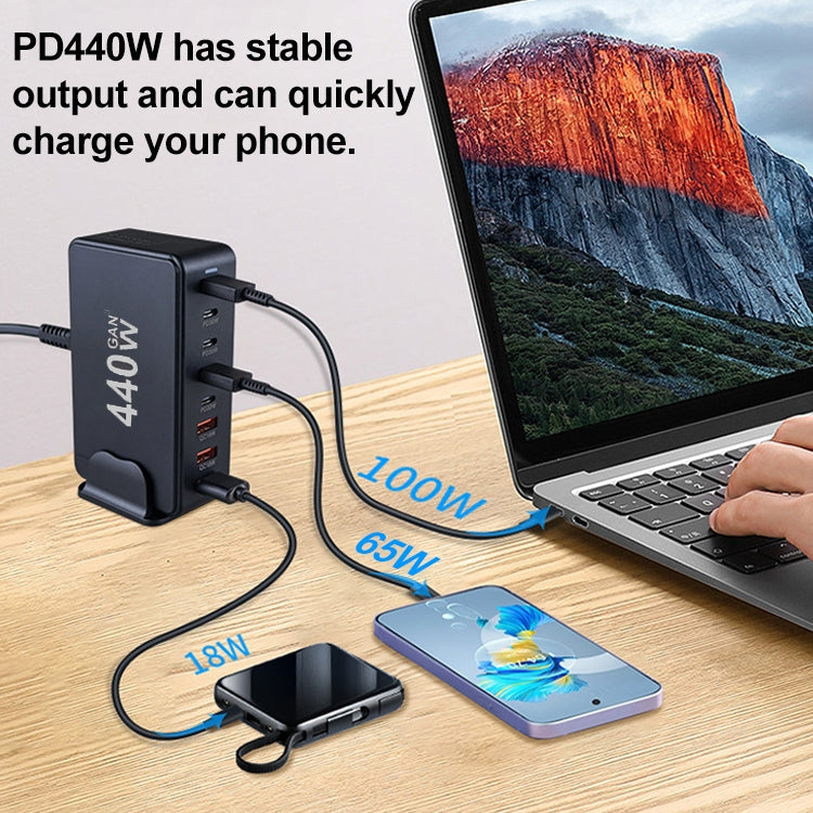 440W GaN USB Power Adapter Travel Charger with 3 x USB, 5 x PD Port, Plug:EU Plug(Black)