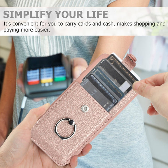 For Samsung Galaxy S25 5G Litchi Texture Drawing Card Bag Ring Holder Phone Case(Rose Gold)