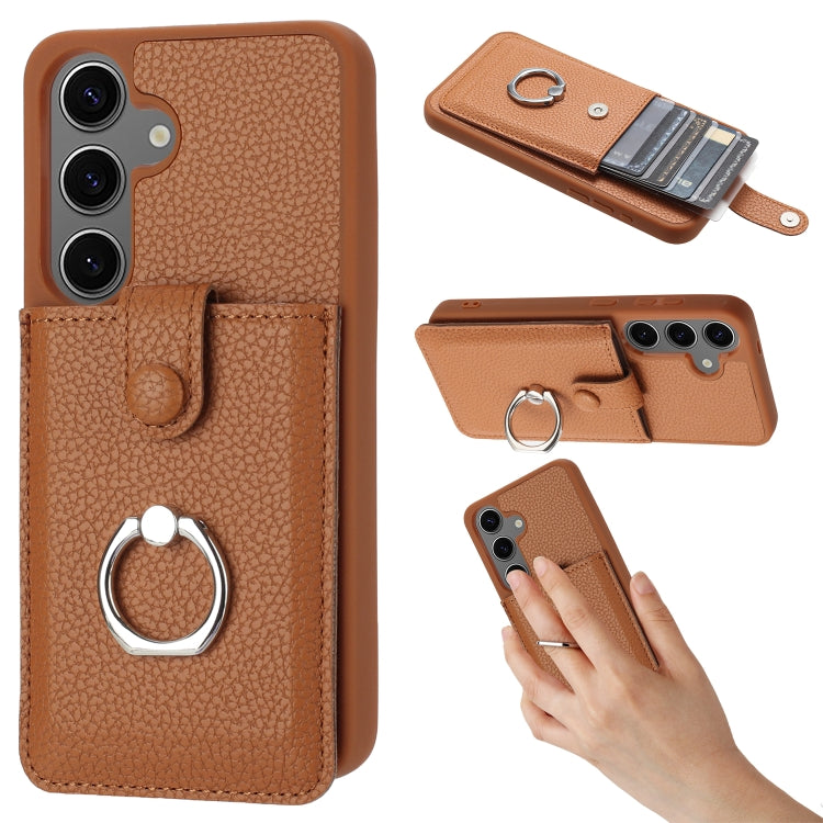 For Samsung Galaxy S25 5G Litchi Texture Drawing Card Bag Ring Holder Phone Case(Brown)