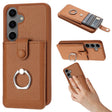 For Samsung Galaxy S25 5G Litchi Texture Drawing Card Bag Ring Holder Phone Case(Brown) - Galaxy S25 5G Cases by PMC Jewellery | Online Shopping South Africa | PMC Jewellery | Buy Now Pay Later Mobicred