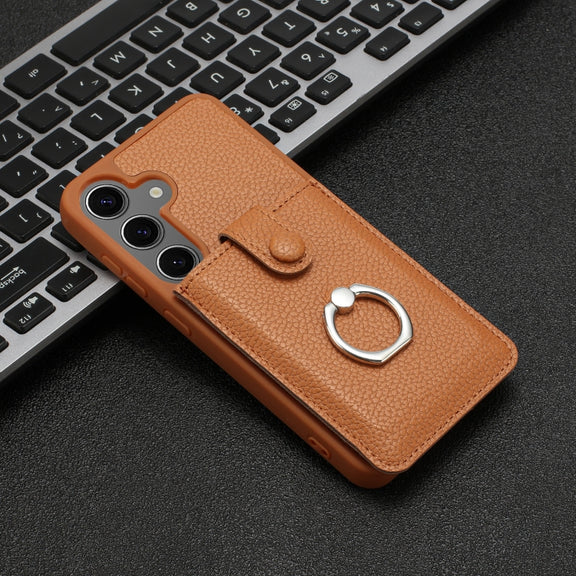 For Samsung Galaxy S25 5G Litchi Texture Drawing Card Bag Ring Holder Phone Case(Brown)