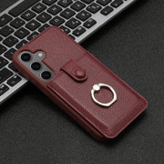 For Samsung Galaxy S25 5G Litchi Texture Drawing Card Bag Ring Holder Phone Case(Wine Red)