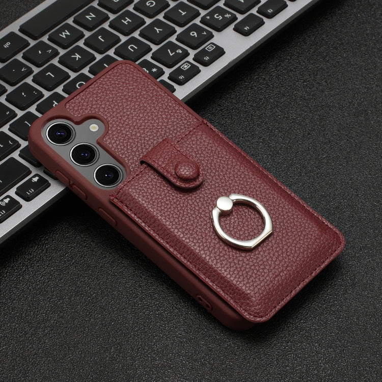 For Samsung Galaxy S25 5G Litchi Texture Drawing Card Bag Ring Holder Phone Case(Wine Red)