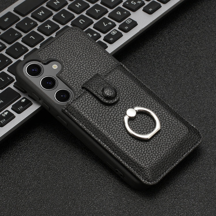 For Samsung Galaxy S25 5G Litchi Texture Drawing Card Bag Ring Holder Phone Case(Black)