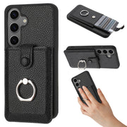 For Samsung Galaxy S25 5G Litchi Texture Drawing Card Bag Ring Holder Phone Case(Black)