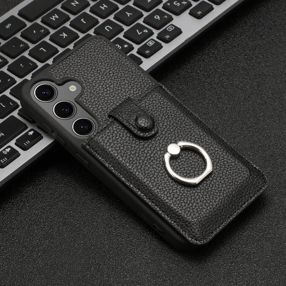 For Samsung Galaxy S25 5G Litchi Texture Drawing Card Bag Ring Holder Phone Case(Black)