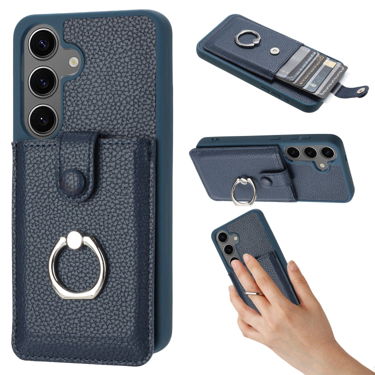 For Samsung Galaxy S25 5G Litchi Texture Drawing Card Bag Ring Holder Phone Case(Blue)