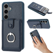 For Samsung Galaxy S25 5G Litchi Texture Drawing Card Bag Ring Holder Phone Case(Blue)
