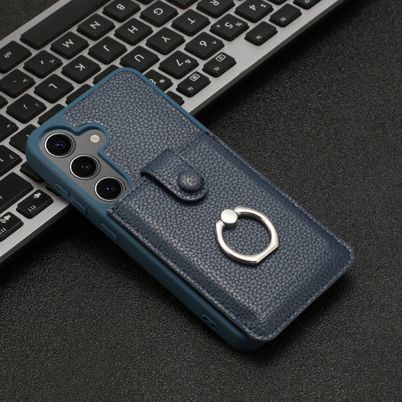 For Samsung Galaxy S25 5G Litchi Texture Drawing Card Bag Ring Holder Phone Case(Blue)