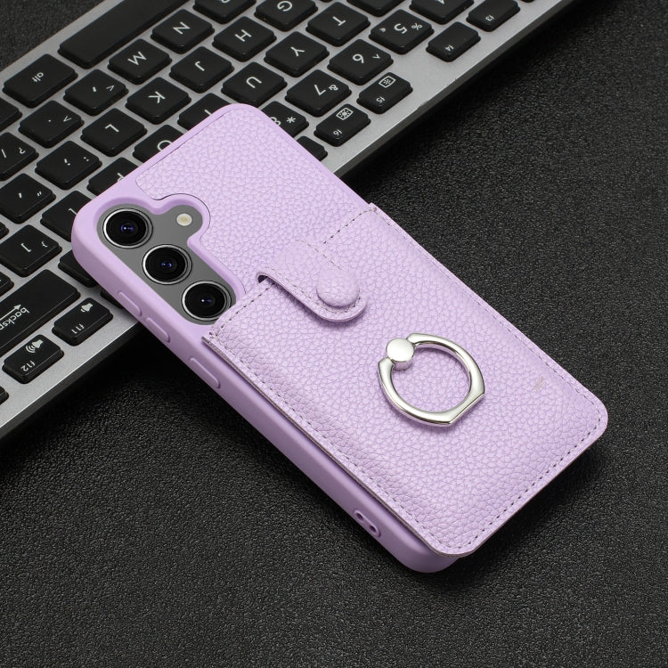 For Samsung Galaxy S25 5G Litchi Texture Drawing Card Bag Ring Holder Phone Case(Purple)