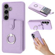 For Samsung Galaxy S25 5G Litchi Texture Drawing Card Bag Ring Holder Phone Case(Purple)