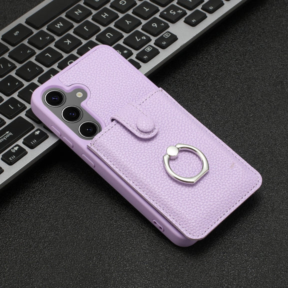For Samsung Galaxy S25 5G Litchi Texture Drawing Card Bag Ring Holder Phone Case(Purple)