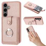 For Samsung Galaxy S25+ 5G Litchi Texture Drawing Card Bag Ring Holder Phone Case(Rose Gold)