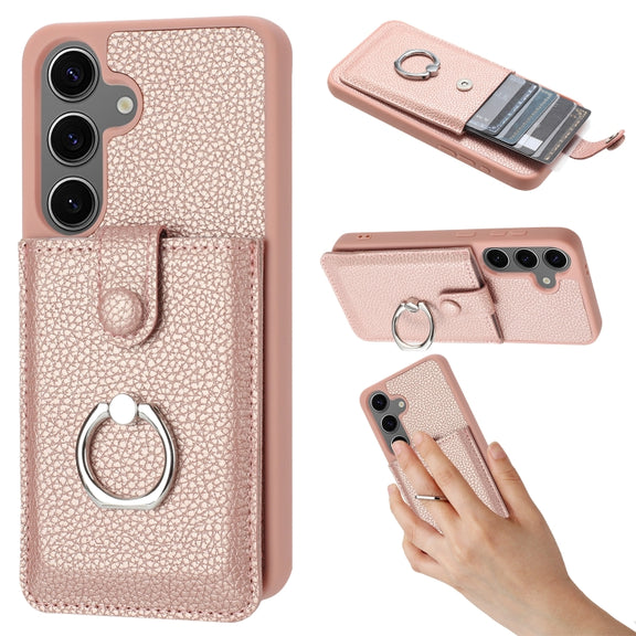 For Samsung Galaxy S25+ 5G Litchi Texture Drawing Card Bag Ring Holder Phone Case(Rose Gold)
