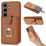 For Samsung Galaxy S25+ 5G Litchi Texture Drawing Card Bag Ring Holder Phone Case(Brown)