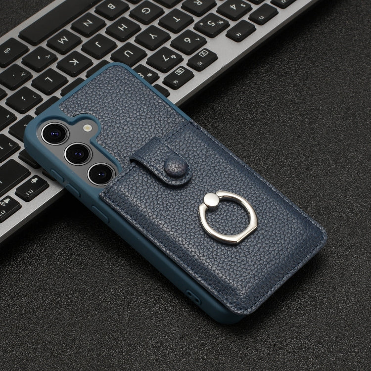 For Samsung Galaxy S25+ 5G Litchi Texture Drawing Card Bag Ring Holder Phone Case(Blue)