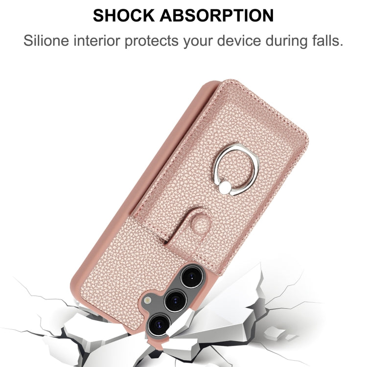 For Samsung Galaxy S25+ 5G Litchi Texture Drawing Card Bag Ring Holder Phone Case(Blue)