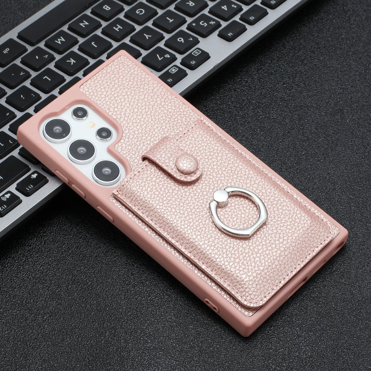 For Samsung Galaxy S25 Ultra 5G Litchi Texture Drawing Card Bag Ring Holder Phone Case(Rose Gold)