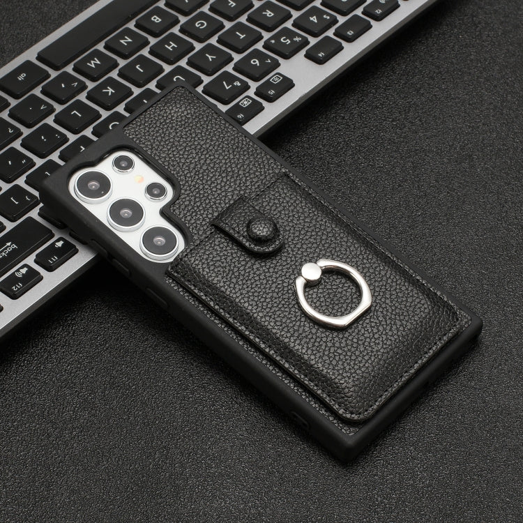 For Samsung Galaxy S25 Ultra 5G Litchi Texture Drawing Card Bag Ring Holder Phone Case(Black)