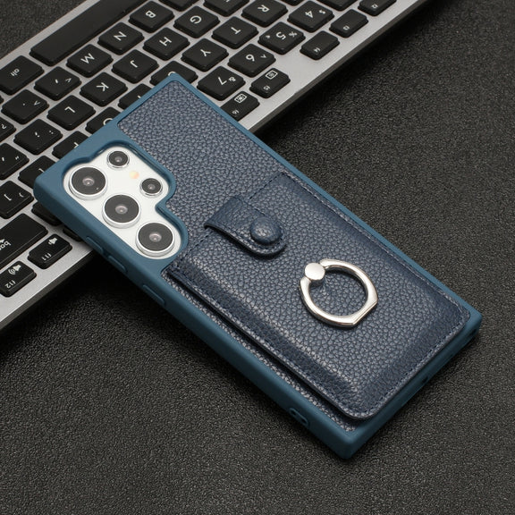 For Samsung Galaxy S25 Ultra 5G Litchi Texture Drawing Card Bag Ring Holder Phone Case(Blue)