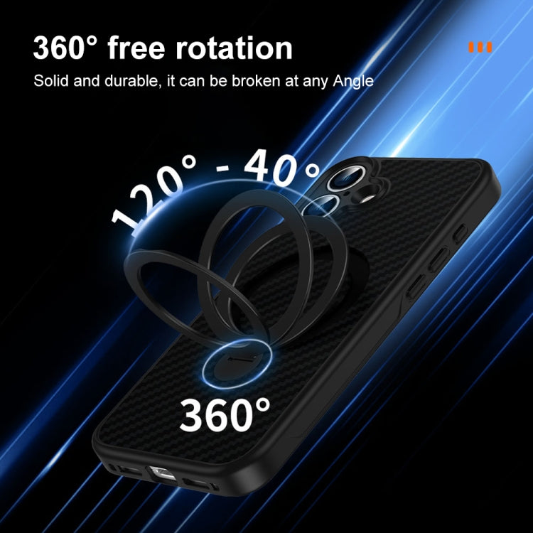 For iPhone 16 Carbon Fiber MagSafe 360 Degree Rotating Holder Phone Case(Black)