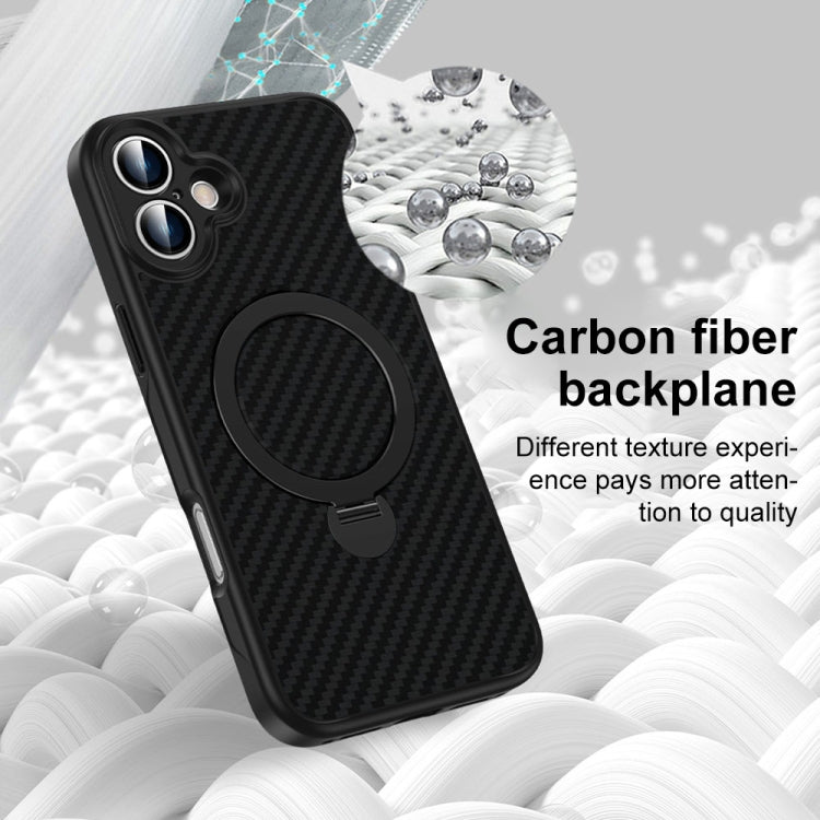 For iPhone 16 Carbon Fiber MagSafe 360 Degree Rotating Holder Phone Case(Black)