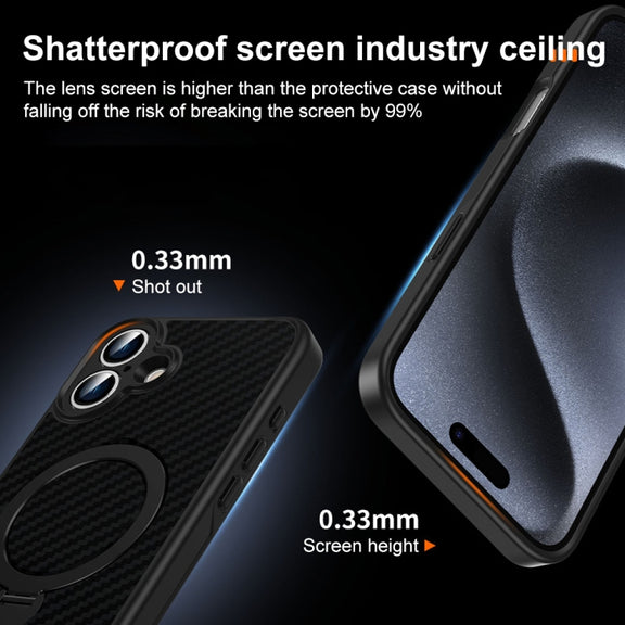 For iPhone 16 Carbon Fiber MagSafe 360 Degree Rotating Holder Phone Case(Black)