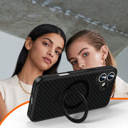 For iPhone 16 Pro Carbon Fiber MagSafe 360 Degree Rotating Holder Phone Case(Black)