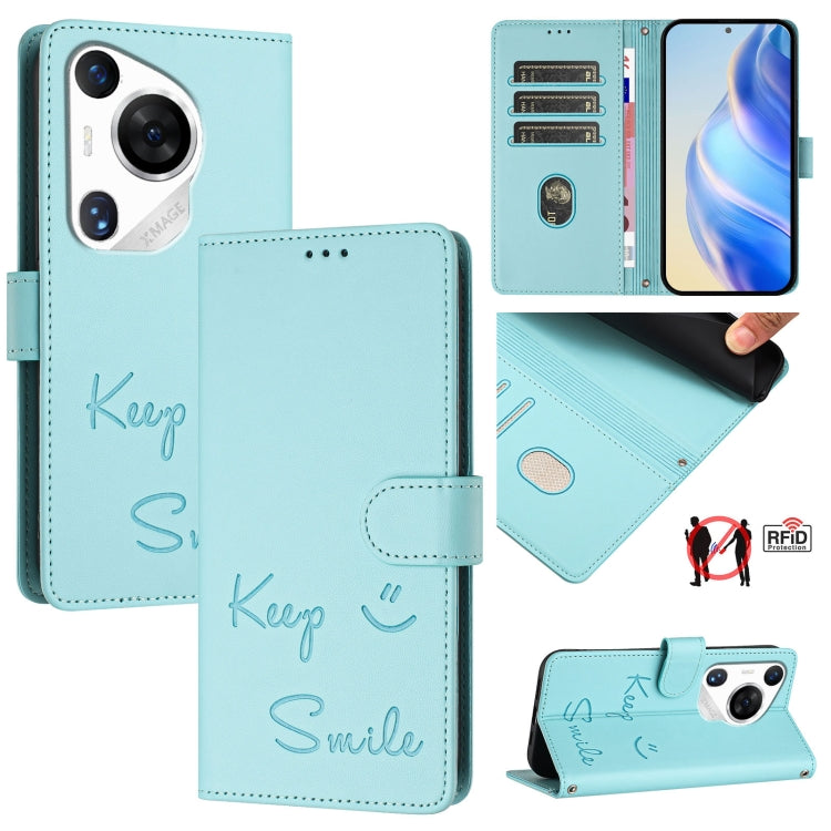 For Huawei Pura 70 Pro Smile Embossing RFID Leather Phone Case(Mint Green)