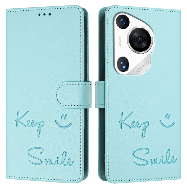 For Huawei Pura 70 Pro Smile Embossing RFID Leather Phone Case(Mint Green)