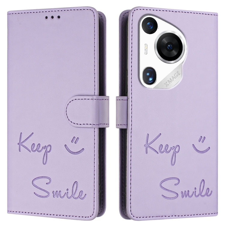 For Huawei Pura 70 Pro Smile Embossing RFID Leather Phone Case(Light Purple)