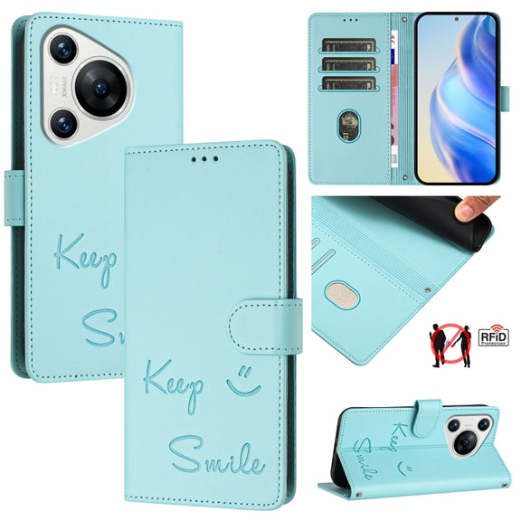 For Huawei Pura 70 Smile Embossing RFID Leather Phone Case(Mint Green)