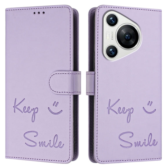 For Huawei Pura 70 Smile Embossing RFID Leather Phone Case(Light Purple)