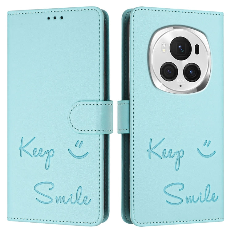 For Honor Magic6 Pro 5G Global Smile Embossing RFID Leather Phone Case(Mint Green)