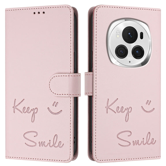 For Honor Magic6 Pro 5G Global Smile Embossing RFID Leather Phone Case(Pink)