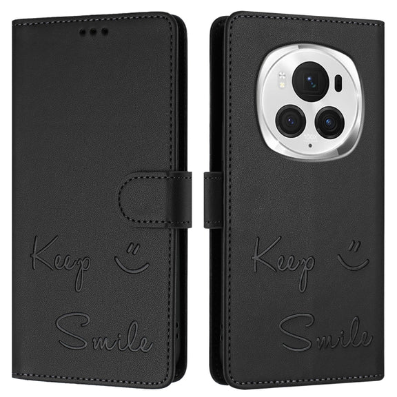 For Honor Magic6 Pro 5G Global Smile Embossing RFID Leather Phone Case(Black)