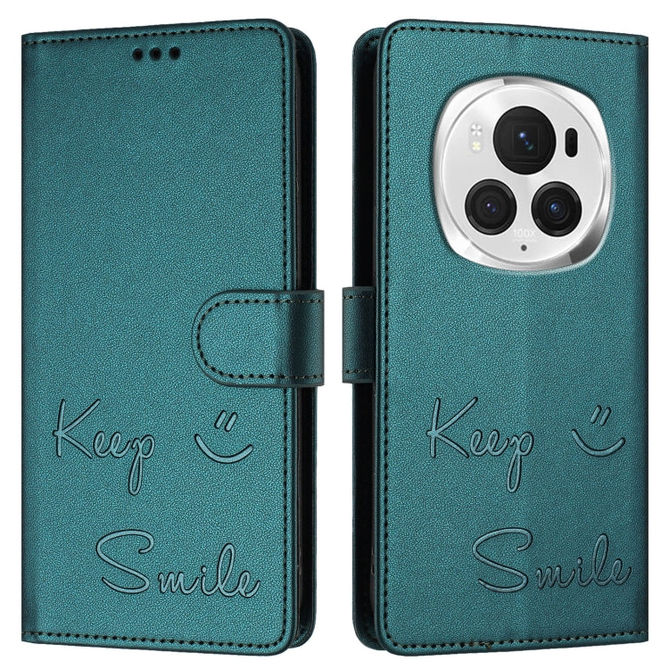 For Honor Magic6 Pro 5G Global Smile Embossing RFID Leather Phone Case(Peacock Green)