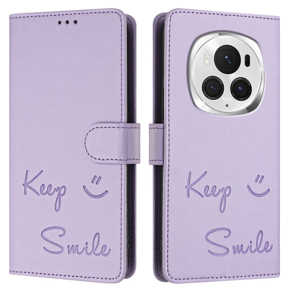 For Honor Magic6 Pro 5G Global Smile Embossing RFID Leather Phone Case(Light Purple)