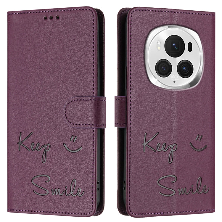 For Honor Magic6 Pro 5G Global Smile Embossing RFID Leather Phone Case(Violet)