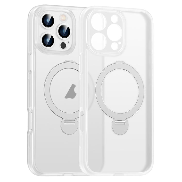 For iPhone 16 Pro Matte Texture 360 Degree Rotary Tone Holder MagSafe Phone Case(Transparent)