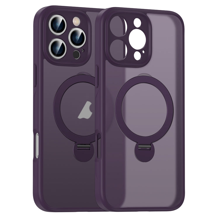 For iPhone 16 Pro Matte Texture 360 Degree Rotary Tone Holder MagSafe Phone Case(Dark Purple)