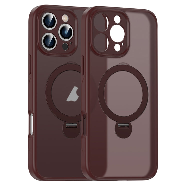 For iPhone 16 Pro Matte Texture 360 Degree Rotary Tone Holder MagSafe Phone Case(Plum Red)