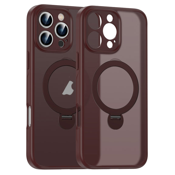 For iPhone 16 Pro Matte Texture 360 Degree Rotary Tone Holder MagSafe Phone Case(Plum Red)