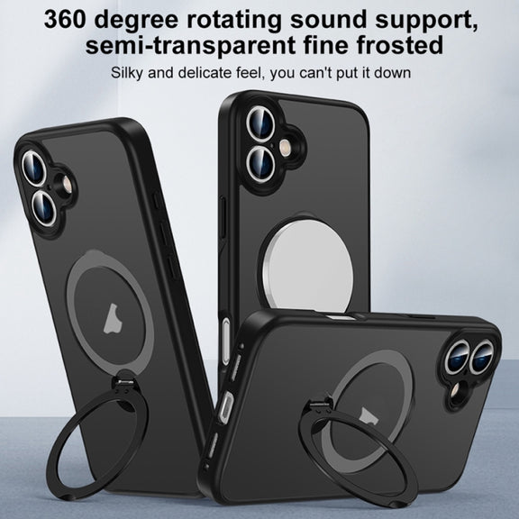 For iPhone 16 Plus Matte Texture 360 Degree Rotary Tone Holder MagSafe Phone Case(Black)