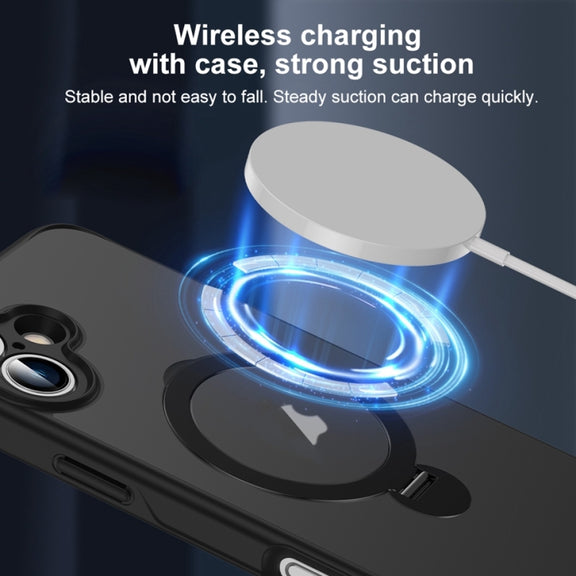 For iPhone 16 Plus Matte Texture 360 Degree Rotary Tone Holder MagSafe Phone Case(Black)