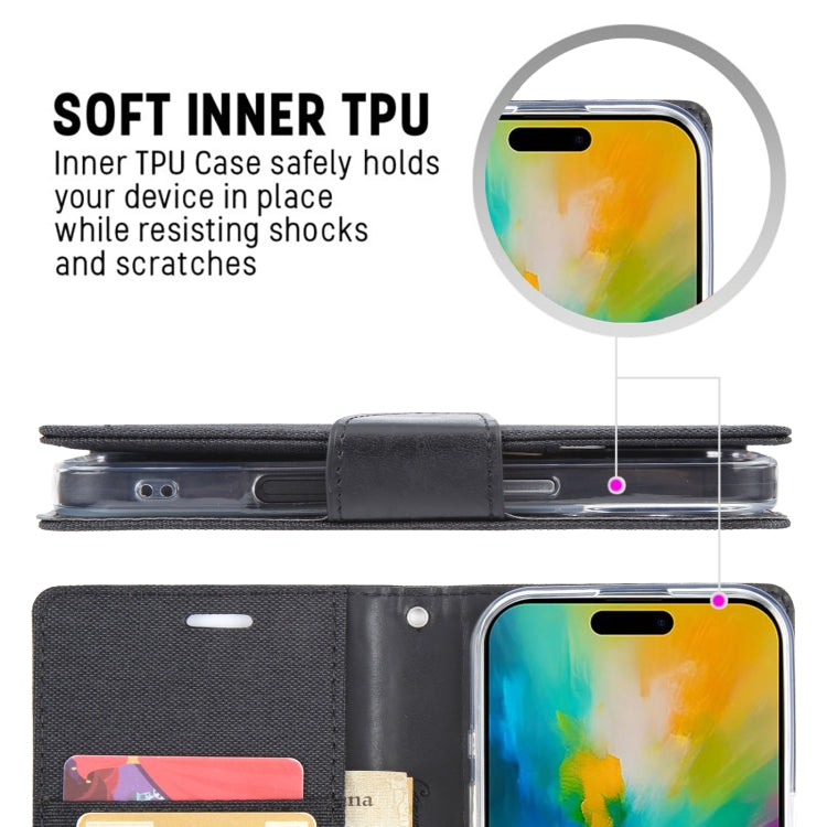 For iPhone 16 GOOSPERY CANVAS DIARY Fabric Texture Flip Leather Phone Case(Black)