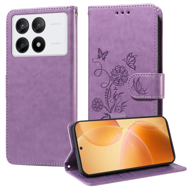 For Redmi K70 / K70 Pro Embossed Butterfly Flowers Leather Phone Case(Purple)